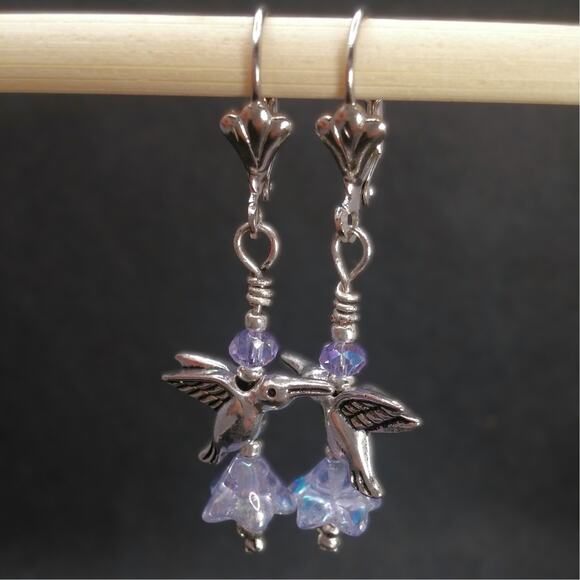 Silver Hummingbird Earrings Dangle Tibetan Whimsical Handmade Crystal Beads NEW - Picture 4 of 10